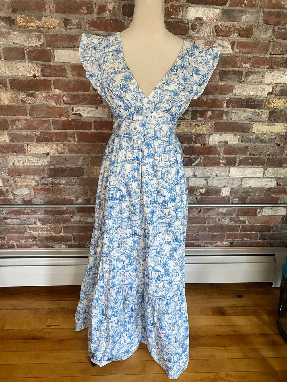 Skies Are Blue Blue White Toile Maxi Dress Tie Back Cutout Tiered Cotton Size M